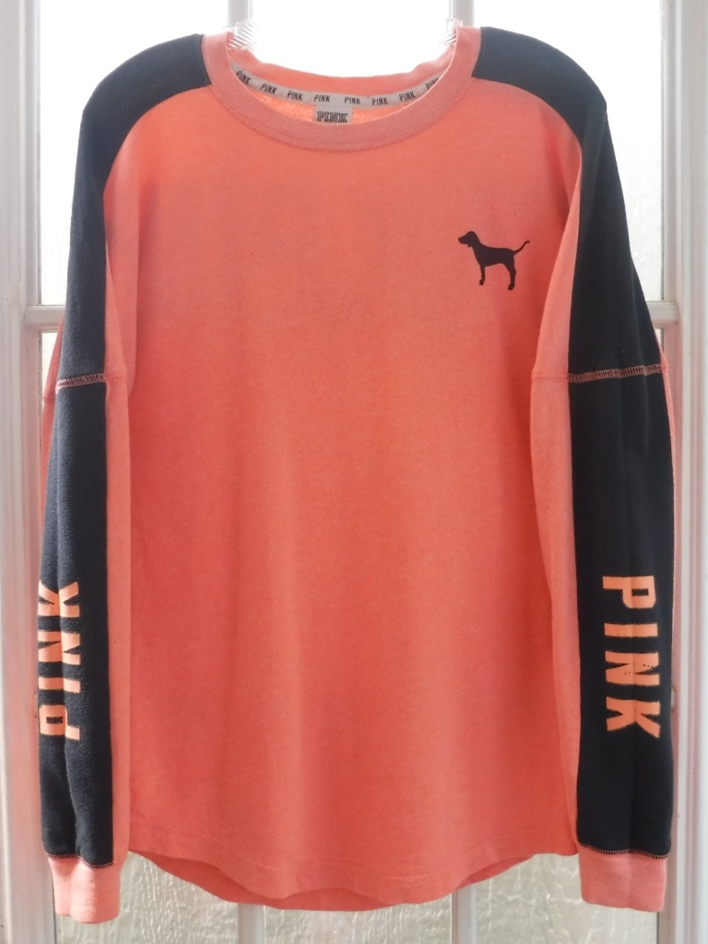 Pink Victoria Secret Neon Orange/Black Crewneck Long Sleeve Shirt